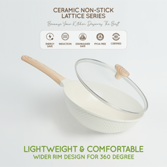 VAV GET Healthy & Safe Ceramic Non-Stick Lattice Series 28 CM Wok With Lid – Induction Compatible, Premium Cream Finish
