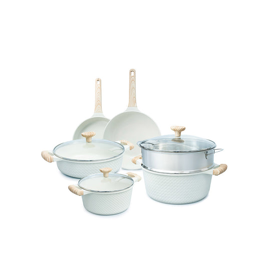 VAV GET Healthy & Safe Ceramic Nonstick 10-Pcs Cookware Set, Non-Toxic, Induction Ready, PFAS-PFOA Free Set with Soft-Touch Handles. Lattice Series Includes: 28cm and 24cm Casseroles with 28cm Steamer, 28cm Wok and 28cm Shallow Pans, 26cm Fry Pan.